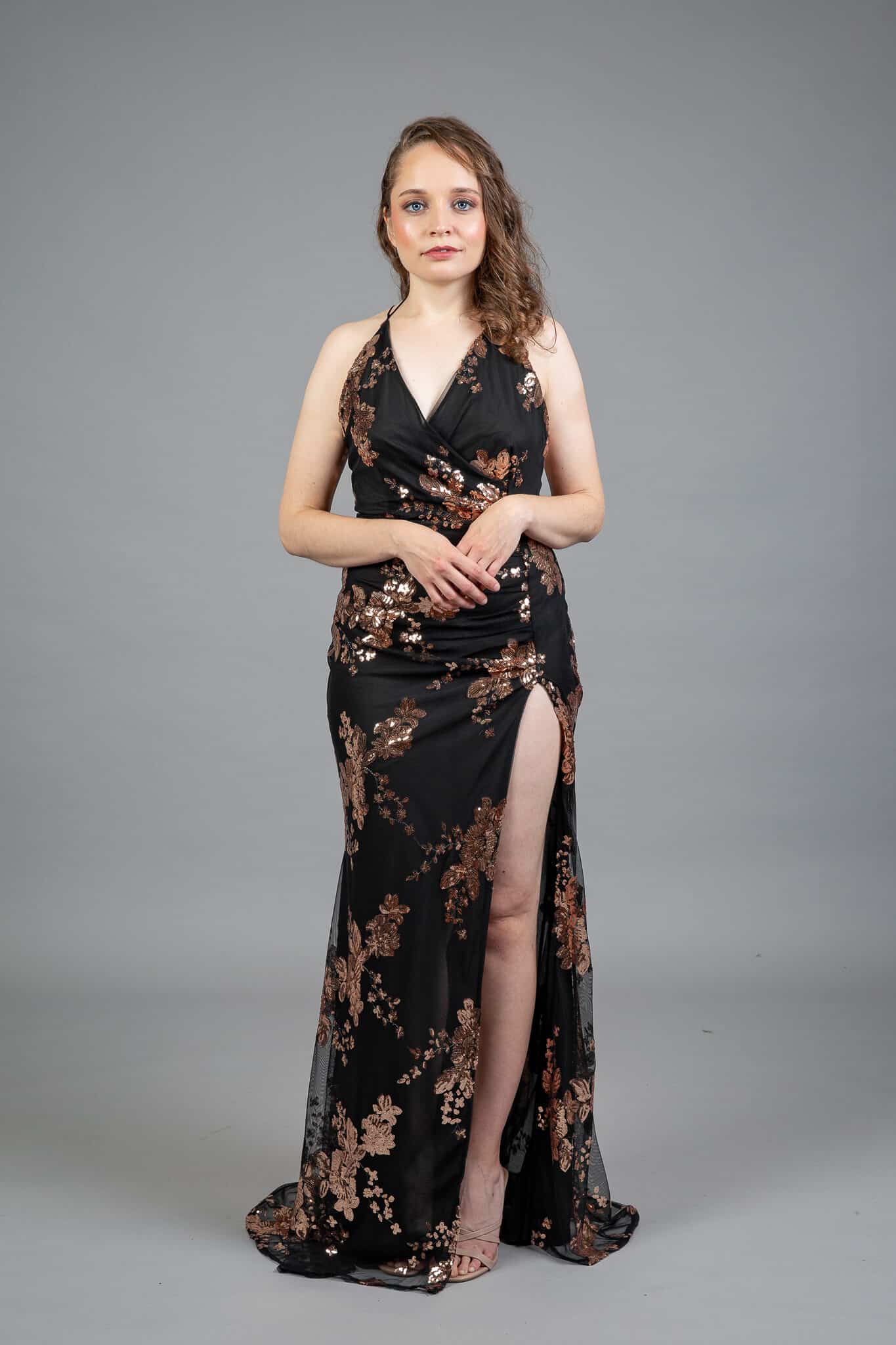 Black halter dress with copper floral embroidery and sequins, V-neckline, high slit – Art Kollocsion