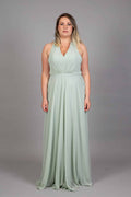 Sage chiffon bridesmaid dress front, model in halter V-neck A-line maxi gown