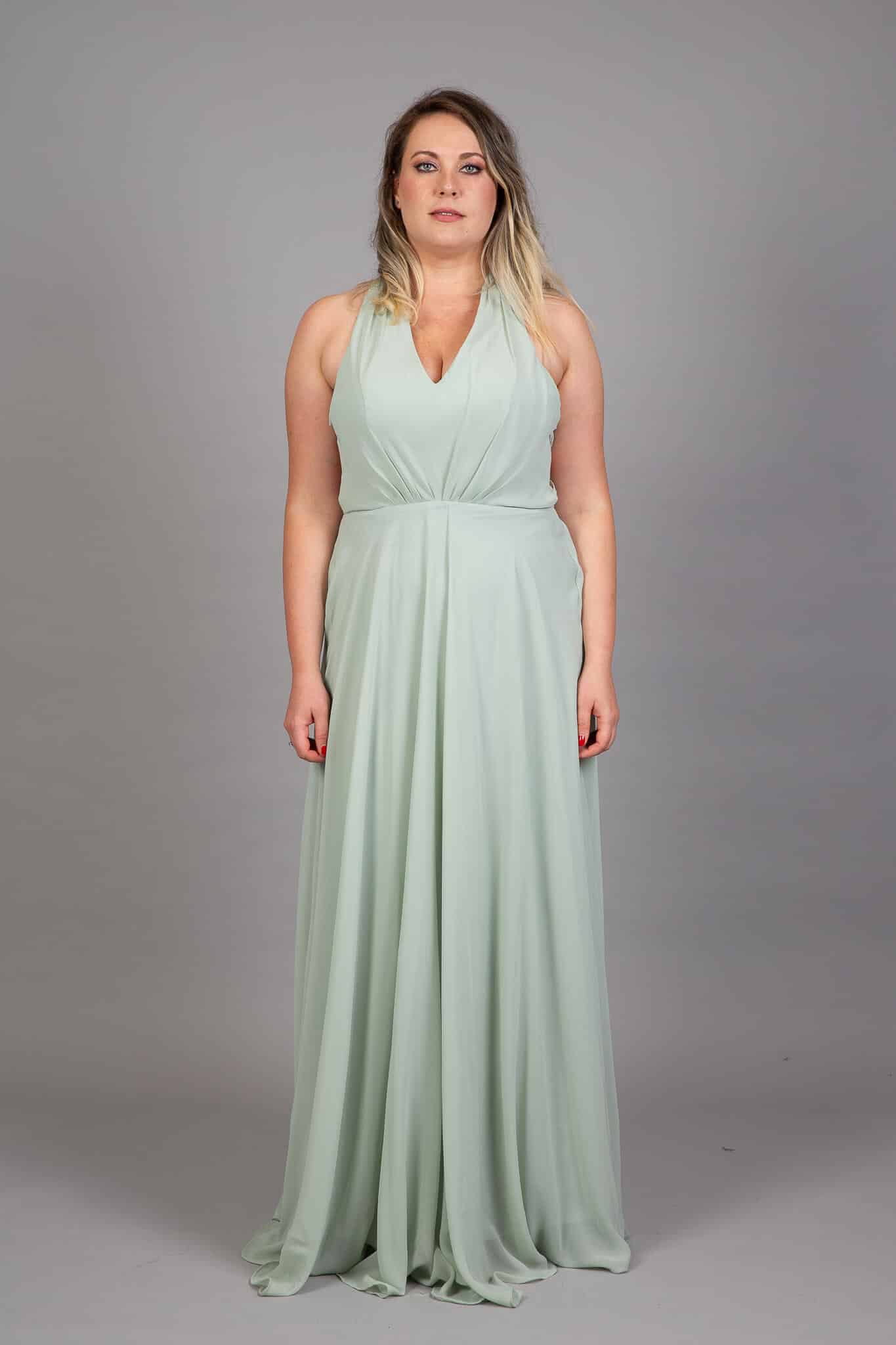 Sage chiffon bridesmaid dress front, model in halter V-neck A-line maxi gown
