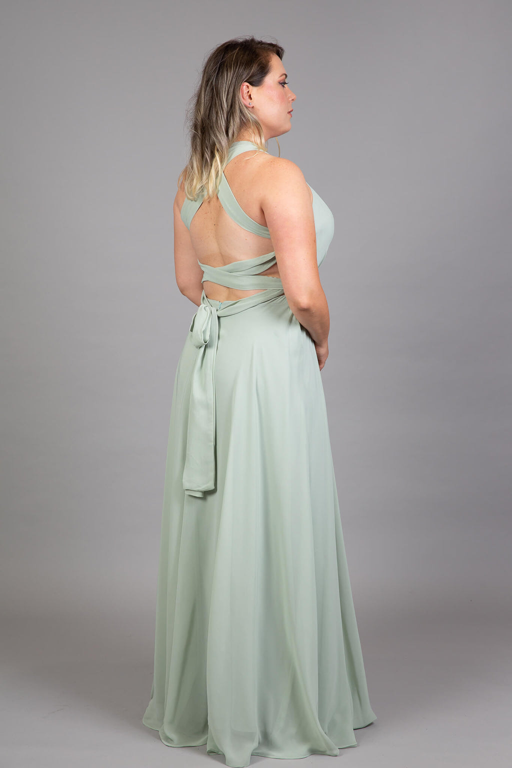 Sage chiffon bridesmaid dress back view with cross-strap detail – Art Kollocsion