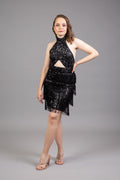 Black sequined halter dress with cutout front and layered fringe trim – Art Kollocsion Auckland