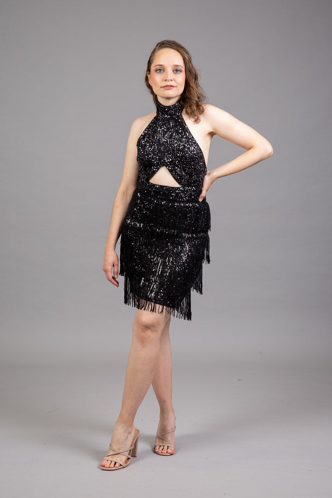 Black sequined halter dress with cutout front and layered fringe trim – Art Kollocsion Auckland
