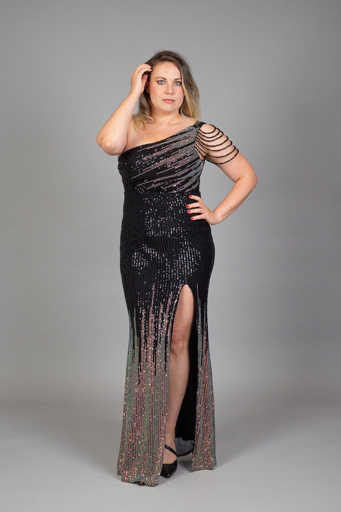 Black off-shoulder sequins dress with strappy straps across shoulders, high slit, gradient sequins fading to rose gold at hemline