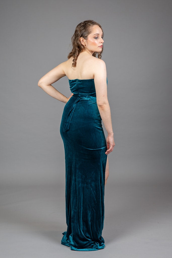Navy velvet gown back view showing strapless neckline and sweeping train