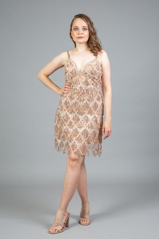Champagne golden fringe flapper dress with V-neckline, sleeveless design, and cascading beaded fringe – Art Kollocsion Auckland