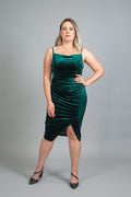 Emerald velvet cowl neckline wrap dress with asymmetric hem, front view – Art Kollocsion Auckland