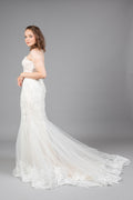 Botanical Champagne Wedding Dress side view, strapless lace gown with tulle train – Art Kollocsion Auckland
