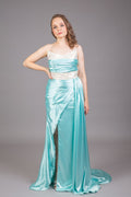 Turquoise evening dress with white lace bodice and sweetheart neckline – Art Kollocsion Auckland