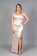 Champagne stretch satin bridesmaids dress with draped wrap bodice and leg slit, front view – Art Kollocsion Auckland