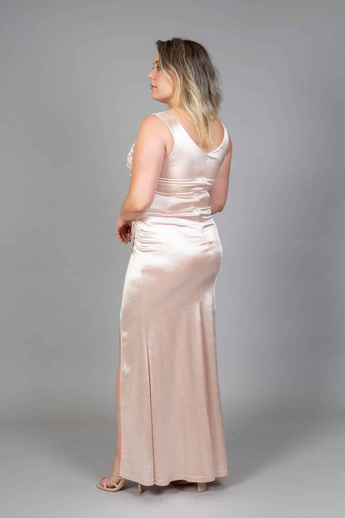 Pale blush stretch satin bridesmaid dress, fitted bodice with ruched detail, floor-length – Art Kollocsion Auckland