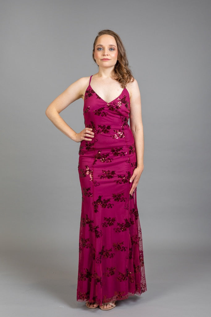 Magenta floral embroidered spaghetti straps dress with ruched V-neckline – Art Kollocsion Auckland