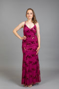 Magenta floral embroidered spaghetti straps dress with ruched V-neckline – Art Kollocsion Auckland