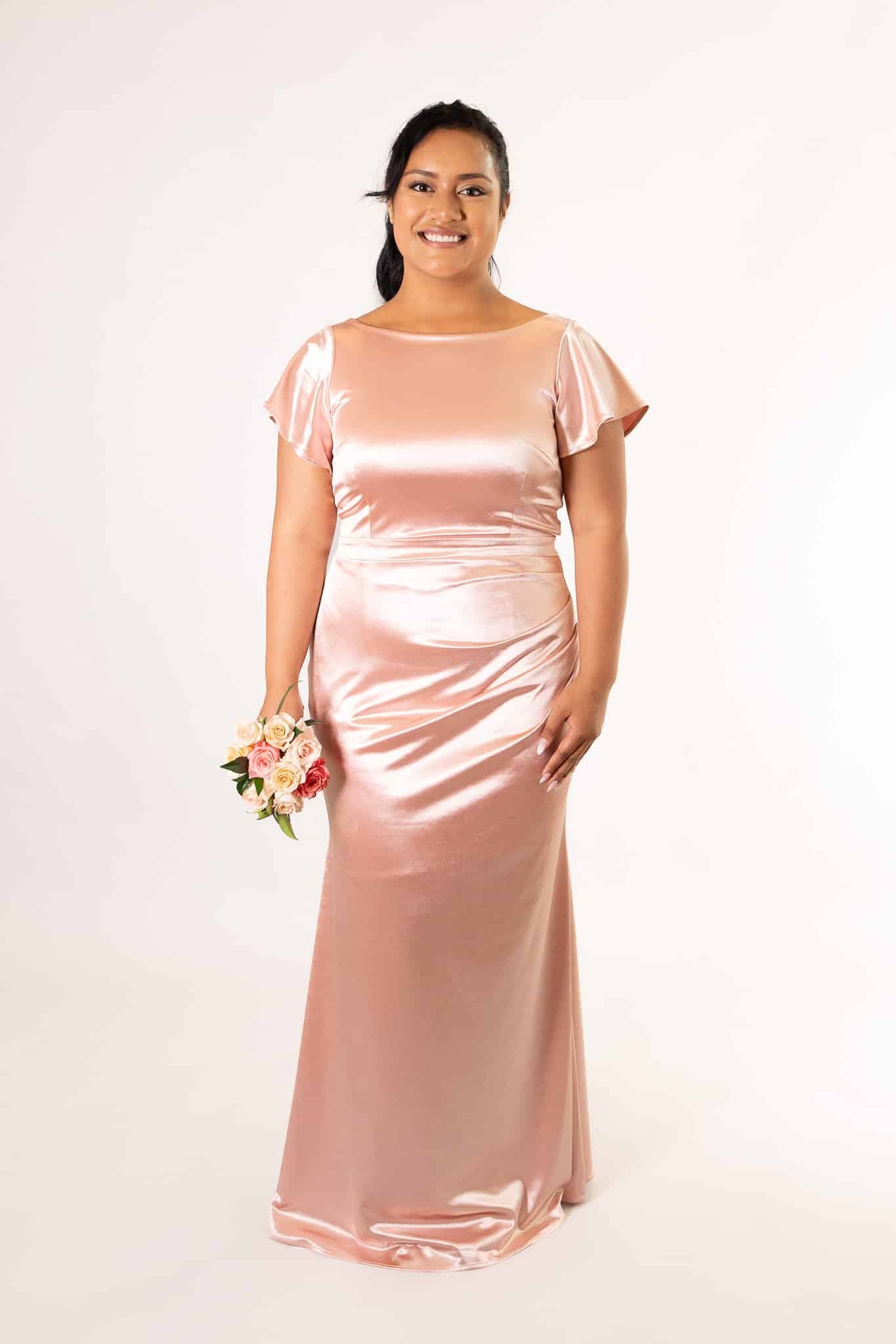 Front full-length view of champagne satin bridesmaids dress with flutter sleeves