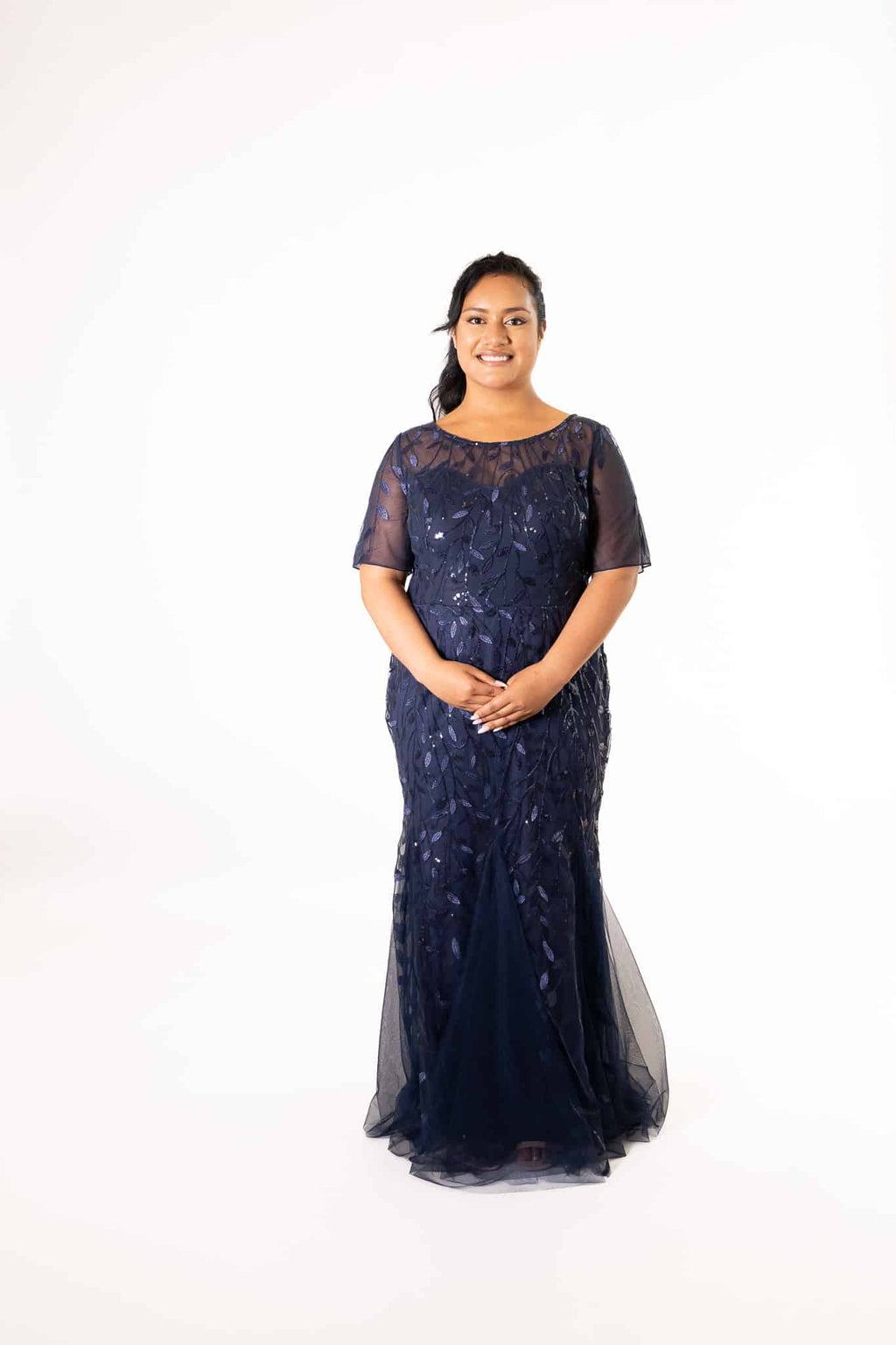 Navy tulle dress with short sleeves and beaded leaf pattern, mermaid silhouette – Art Kollocsion Auckland