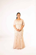 Champagne tulle dress with short sleeves and embroidered leaf design, full-length front view