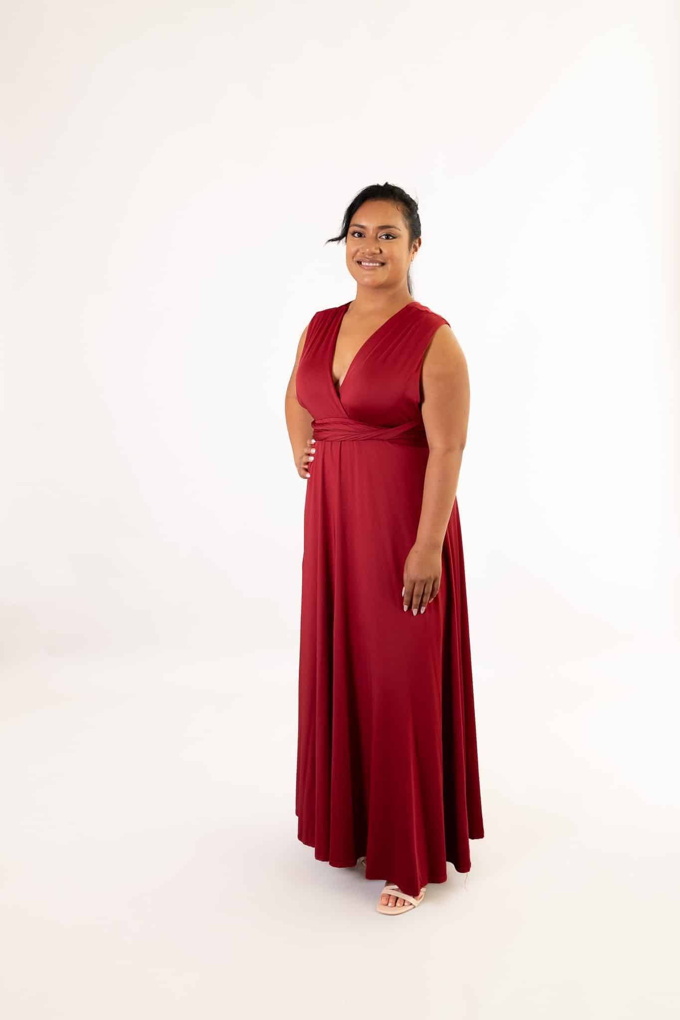 Burgundy red Classic Multiway Infinity Dress with V-neckline and wrapped waist, floor-length studio front view