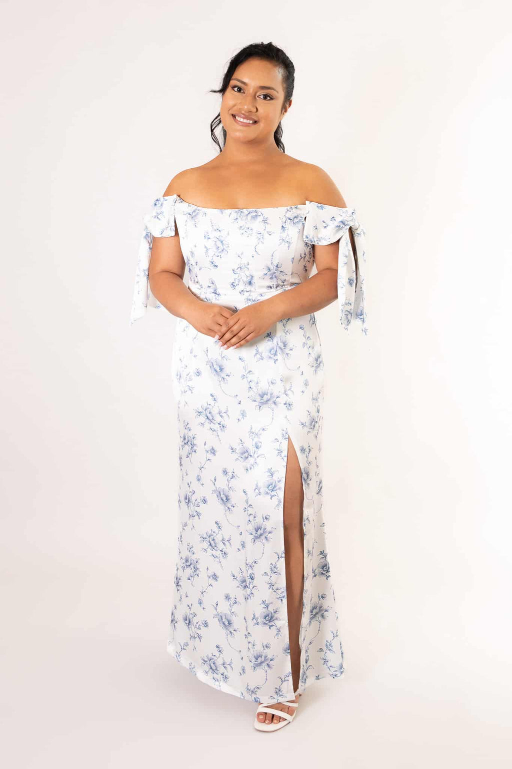 Floral off-shoulder bow satin corset dress with blue flowers, side slit – Art Kollocsion Auckland