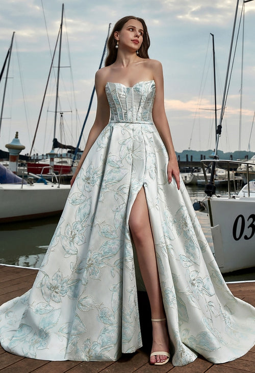 CK3411 ivory satin A-line wedding dress with sweetheart neckline, floral brocade skirt, and high side slit – Art Kollocsion Auckland