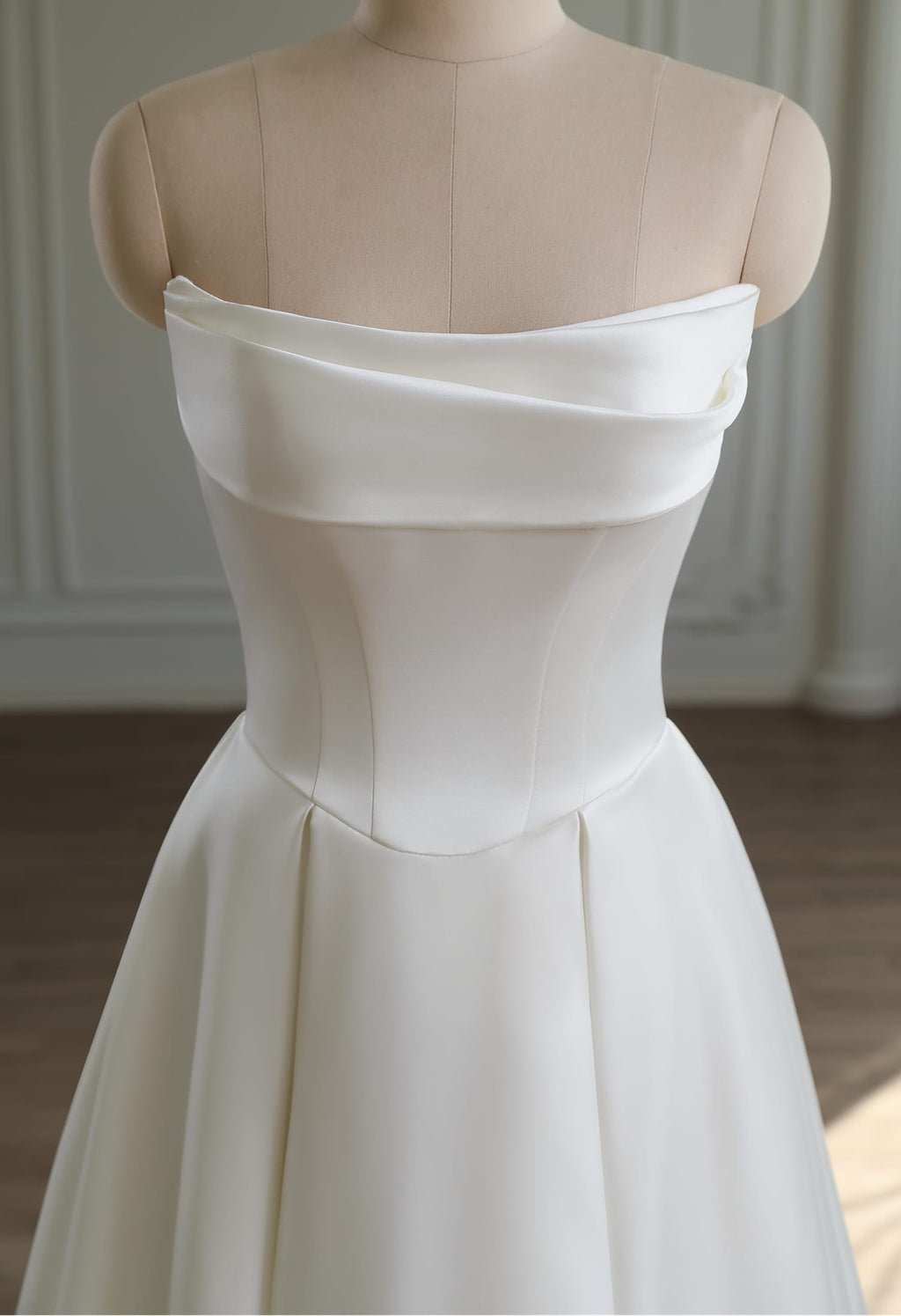 CK3476W ivory satin wedding dress bodice detail with strapless neckline, pleated satin bust, a-line skirt