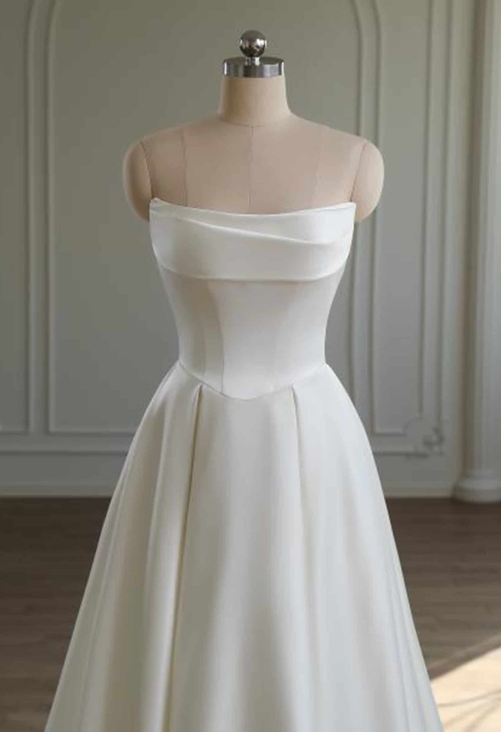 Ivory satin A-line wedding dress with draped cowl neckline and fitted bodice – Art Kollocsion