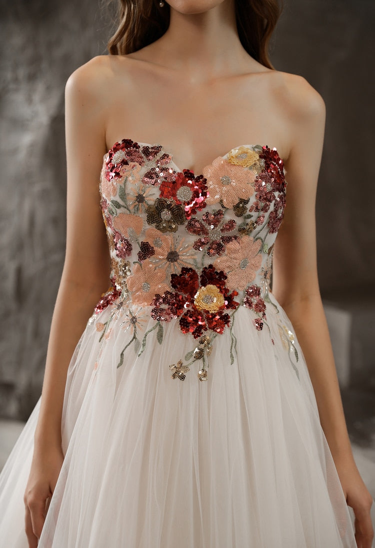 CKH3032 sweetheart A-line gown, ivory tulle with burgundy & gold sequined floral appliqués – Art Kollocsion Auckland