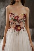 CKH3032 sweetheart A-line gown, ivory tulle with burgundy & gold sequined floral appliqués – Art Kollocsion Auckland