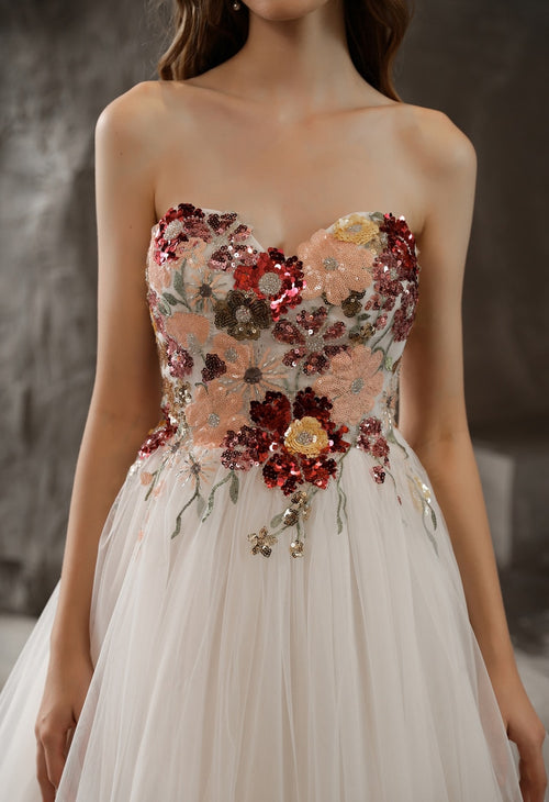 CKH3032 sweetheart A-line gown, ivory tulle with burgundy & gold sequined floral appliqués – Art Kollocsion Auckland