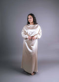 Cream silk bridesmaid two-piece set front view with draped top and floor-length skirt – Art Kollocsion
