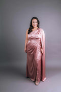 Rose pink satin gown with one-shoulder Greek-style neckline, diagonal ruching bodice and draped shawl – Art Kollocsion Auckland