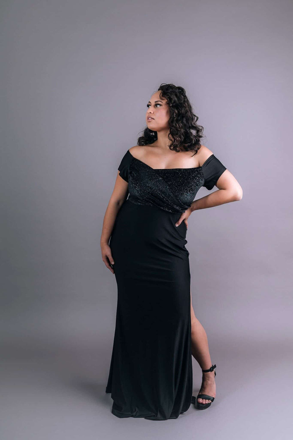 Black off-shoulder dress with sequined bodice and slinky draped skirt – Art Kollocsion