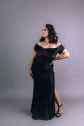 Black off-shoulder dress with sequined bodice and slinky draped skirt – Art Kollocsion