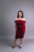 Maroon off-shoulder ruched dress with stretchy fabric, front view – Art Kollocsion