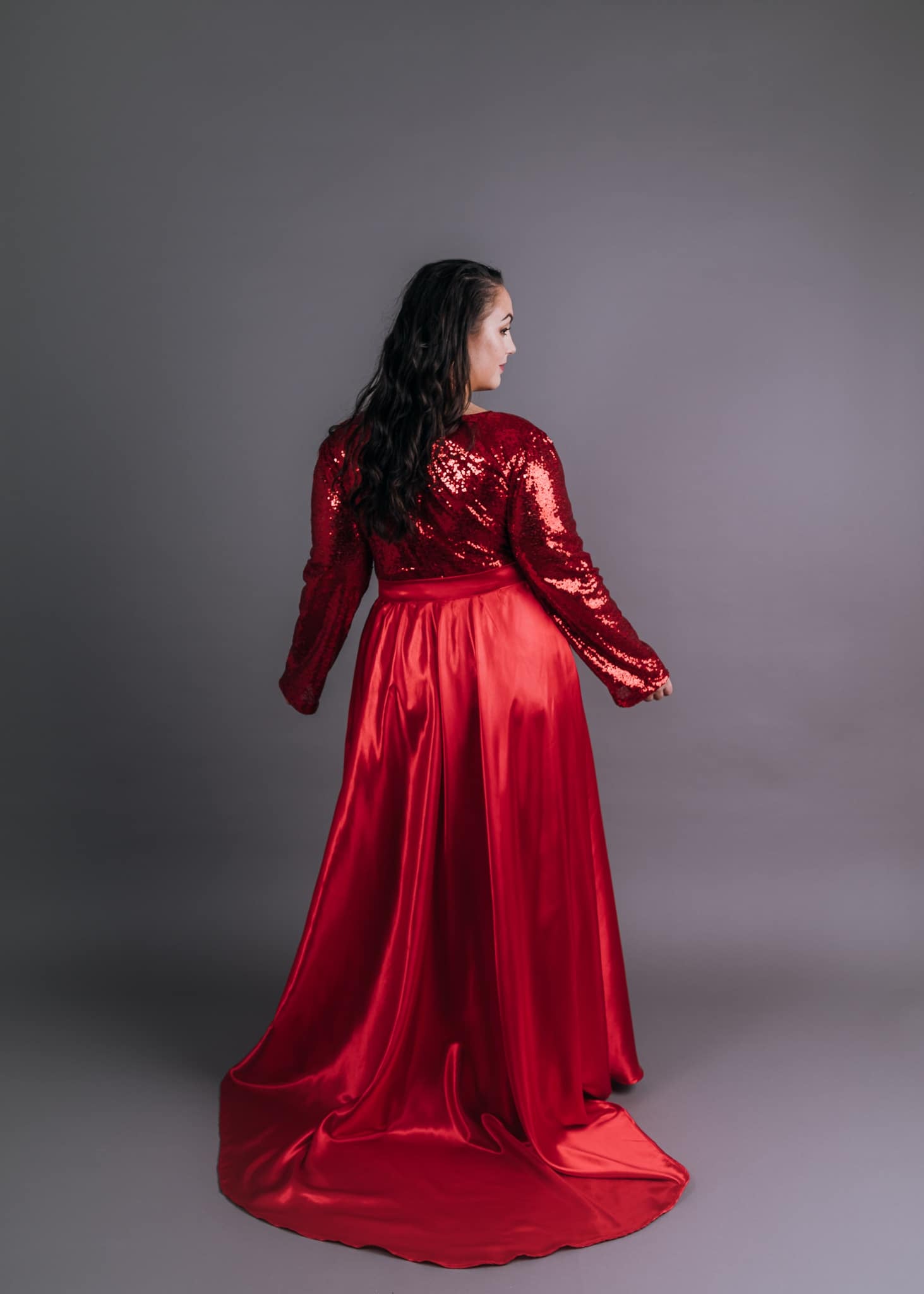 Red sequin-bodice full-length formal gown with detachable satin skirt, back view – Art Kollocsion Auckland