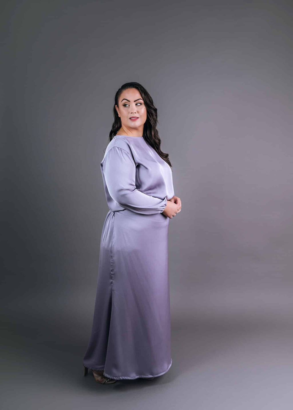 Lavender silk two-piece bridesmaid set front view with long blouson sleeves and gathered waist detail