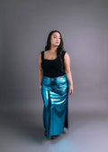 Plus-size electric blue metallic maxi dress with black sleeveless bodice – Art Kollocsion Auckland