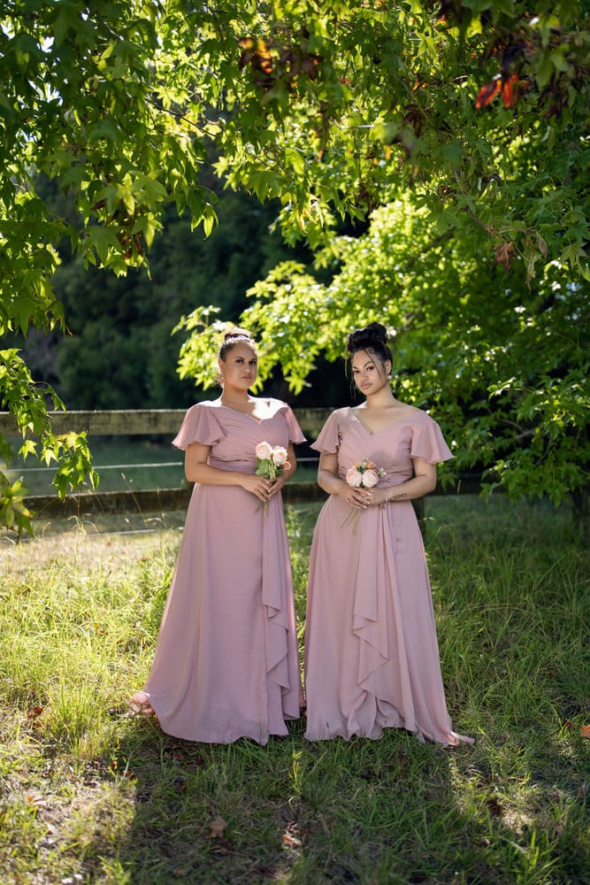 Dusty pink plus-size bridesmaid dress with flutter sleeves, V-neckline, and flowing floor-length chiffon skirt