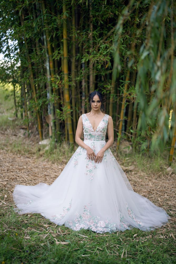 Full front display of wedding gown with romantic floral and botanical embroidery