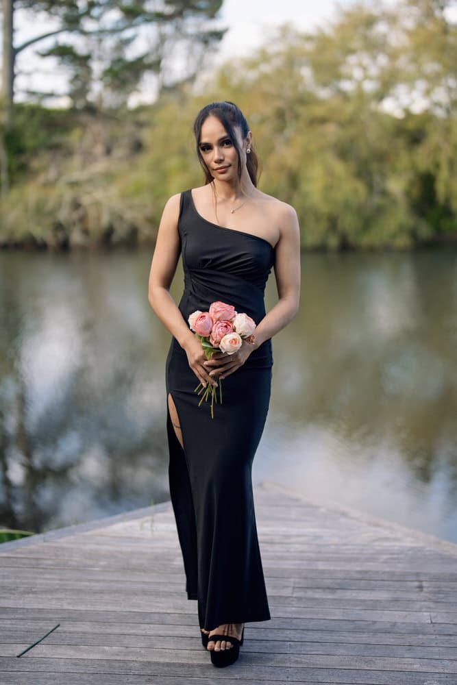 Bridal gown with elegant fitted bodice and train