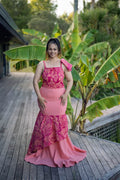 Island Bloom gown front detail: patterned bustier bodice with ruffle cap sleeves and smooth pink skirt