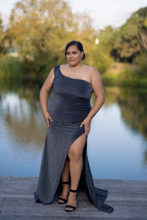 Plus size charcoal grey ball gown with one-shoulder neckline, fitted bodice, and high slit – Art Kollocsion Auckland