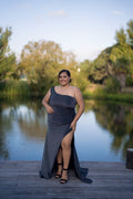Charcoal shimmer plus-size ball gown with asymmetrical one-shoulder neckline and high slit – Art Kollocsion