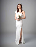 White one-shoulder ruffle mermaid reception dress with front slit – Art Kollocsion Auckland
