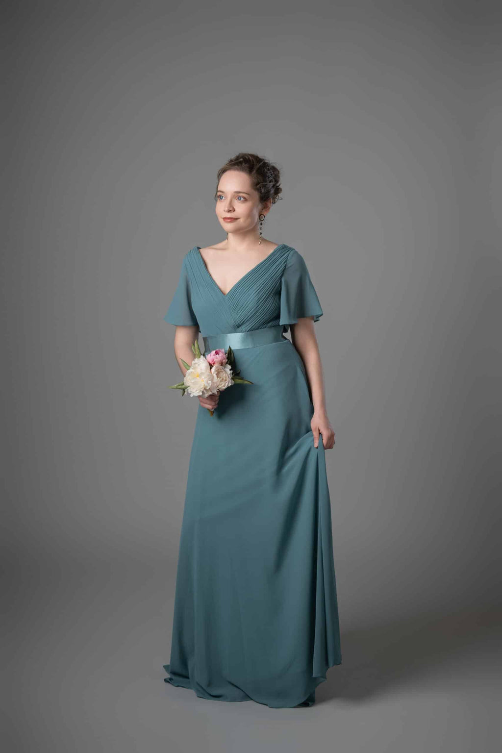 Teal chiffon bridesmaids dress with V-neckline, ruched bodice, flutter sleeves – Art Kollocsion Auckland