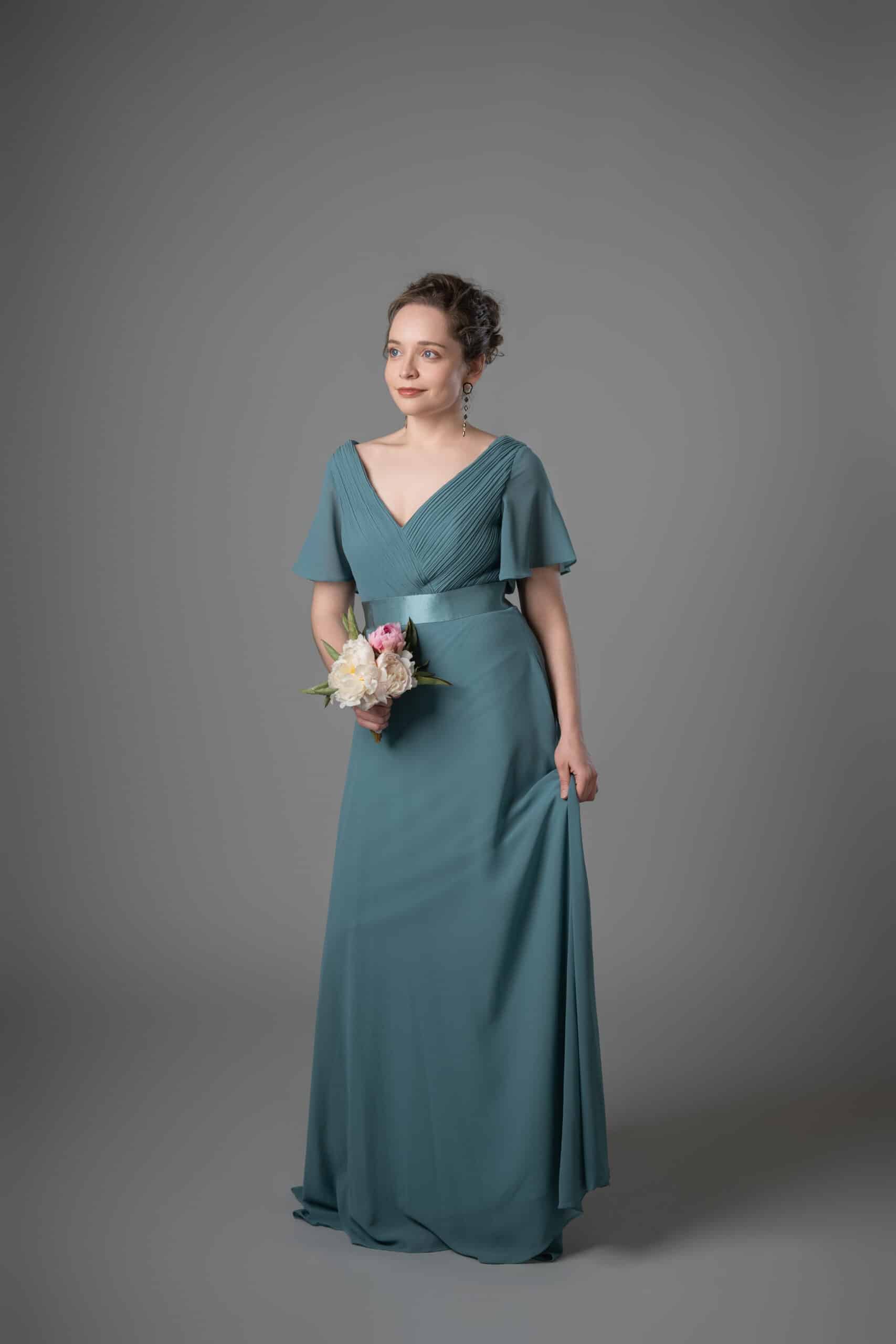 Teal chiffon bridesmaids dress with V-neckline, ruched bodice, flutter sleeves – Art Kollocsion Auckland