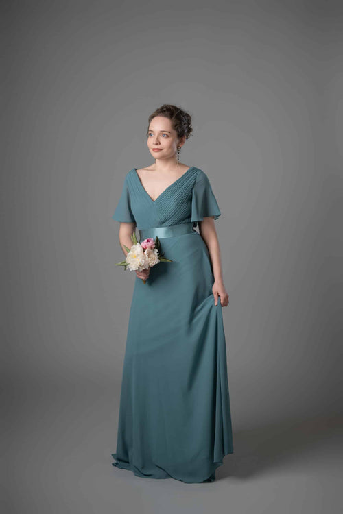 Teal chiffon bridesmaids dress with V-neckline, ruched bodice, flutter sleeves – Art Kollocsion Auckland