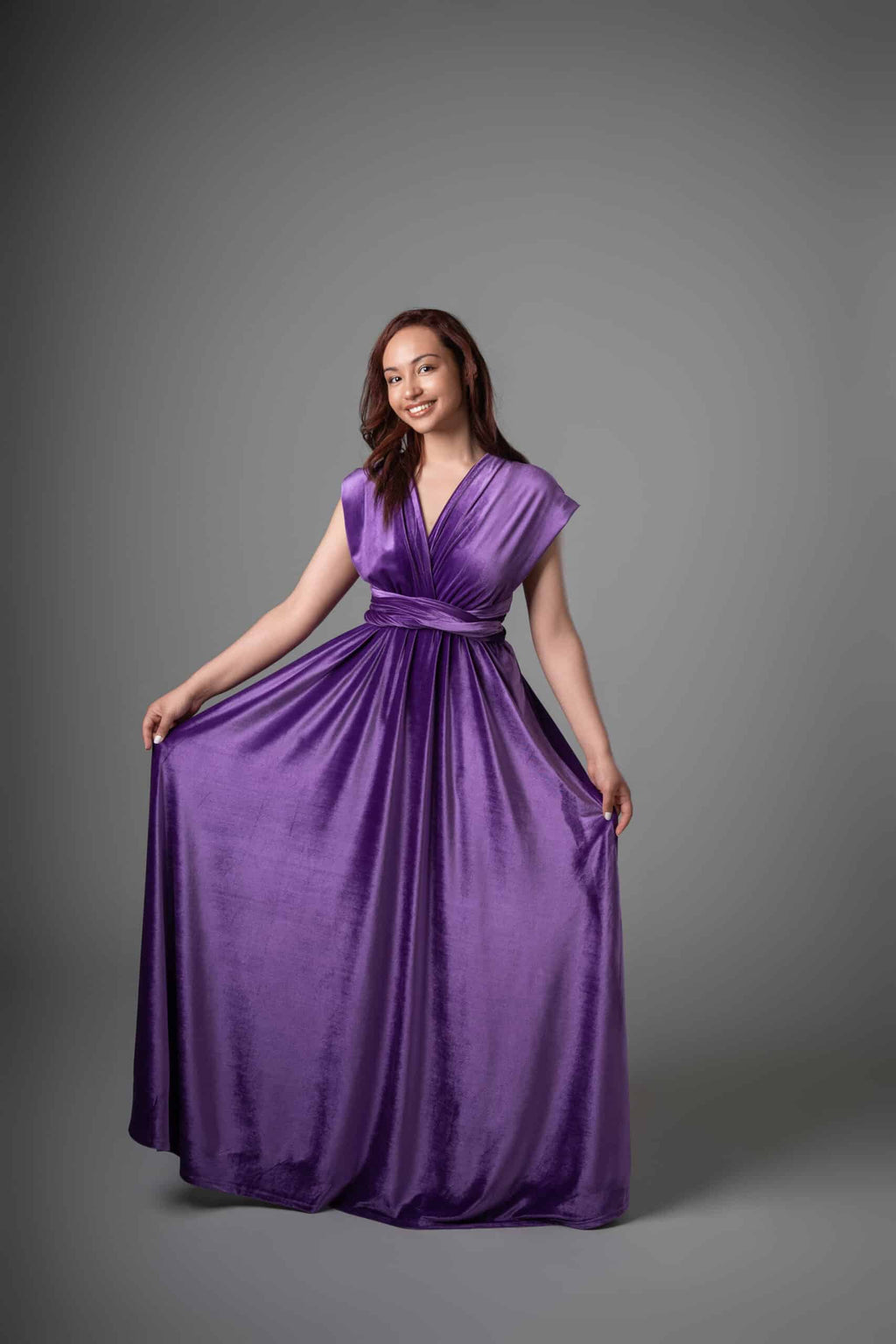 Purple Infinity Dress front view with V-neck wrap bodice and adjustable waist tie
