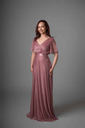Mauve chiffon bridesmaids dress with draped V-neckline and satin waistband