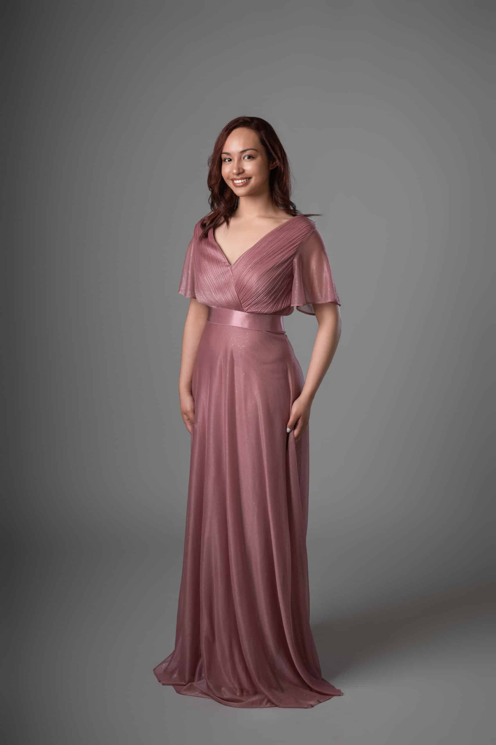 Mauve chiffon bridesmaids dress with draped V-neckline and satin waistband