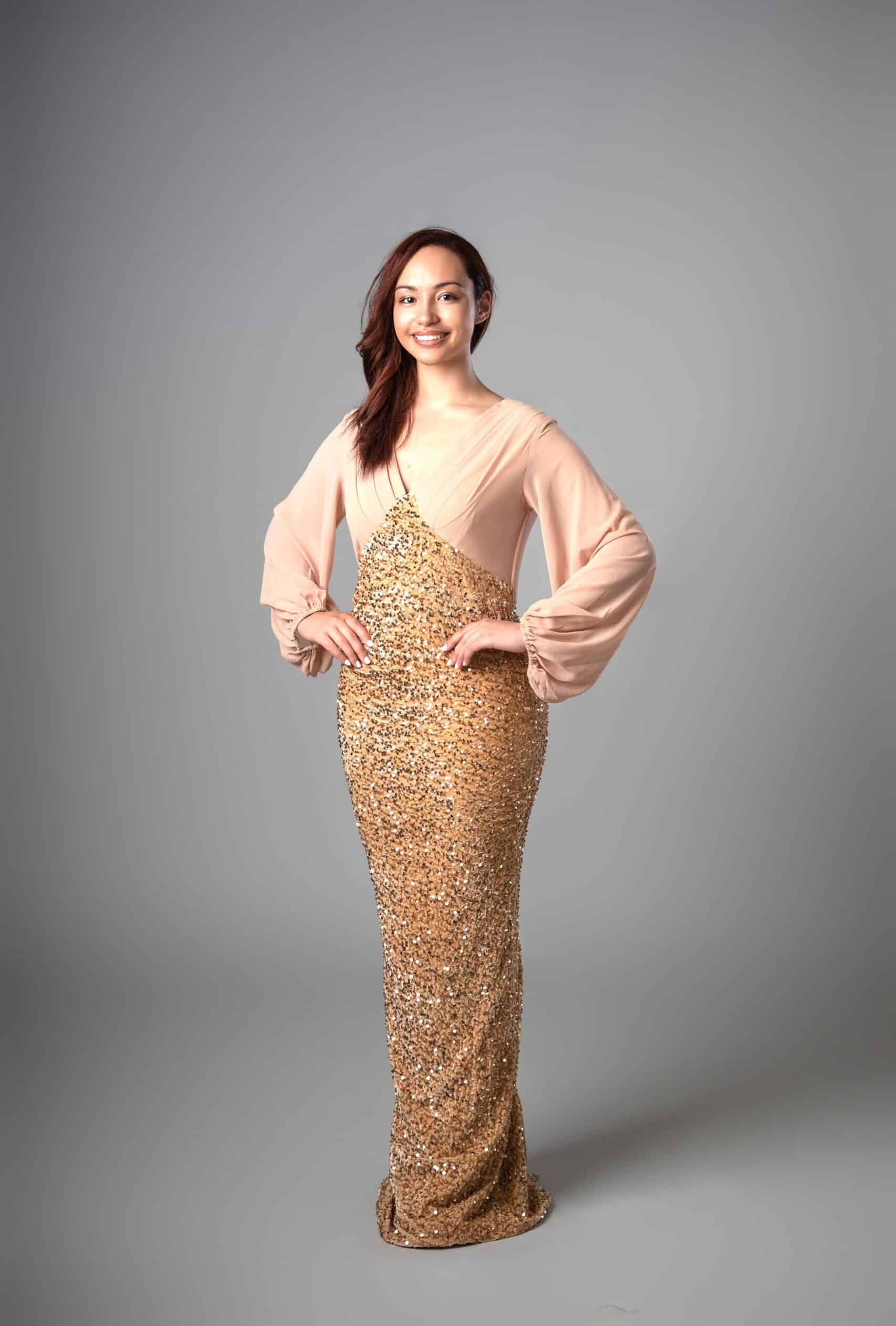 Champagne long sleeve maxi dress with gold sequined bodice – Art Kollocsion Auckland