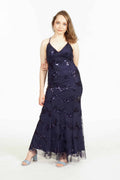 Navy blue floral embroidered spaghetti straps dress with sequin detailing